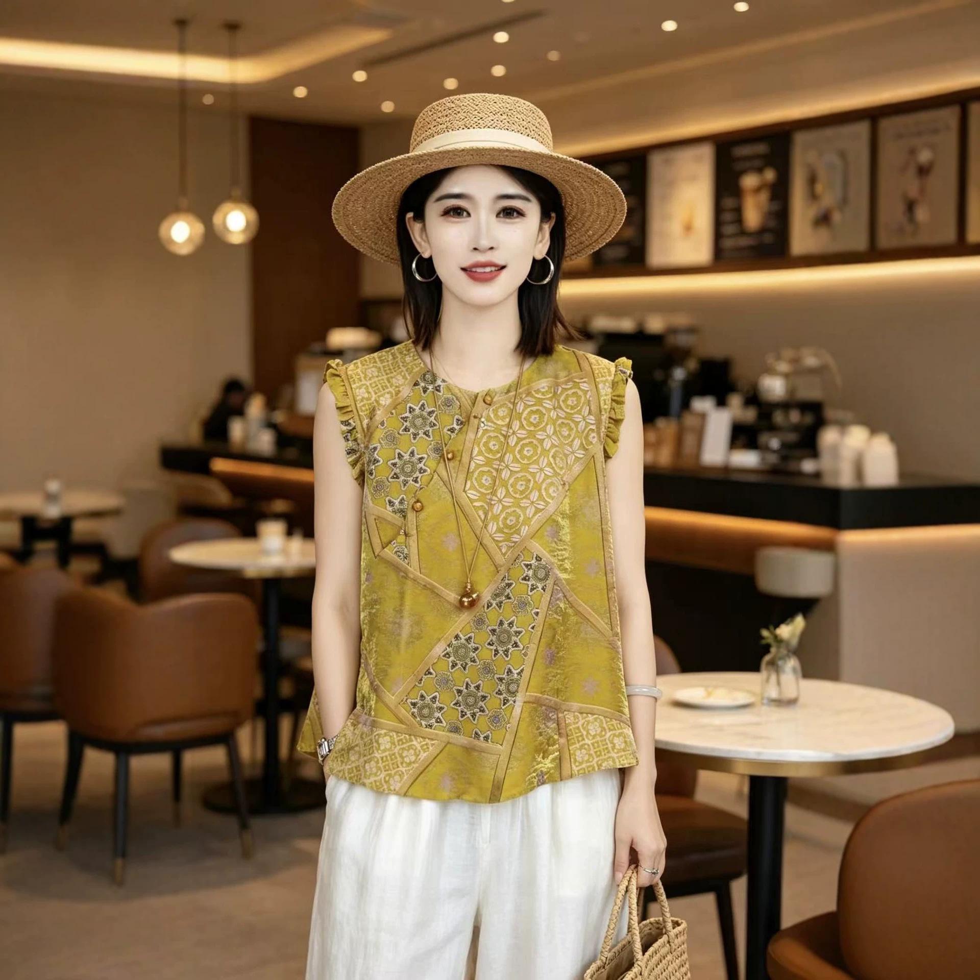 Loose mustard sleeveless blouse with woven star and floral patchwork panels