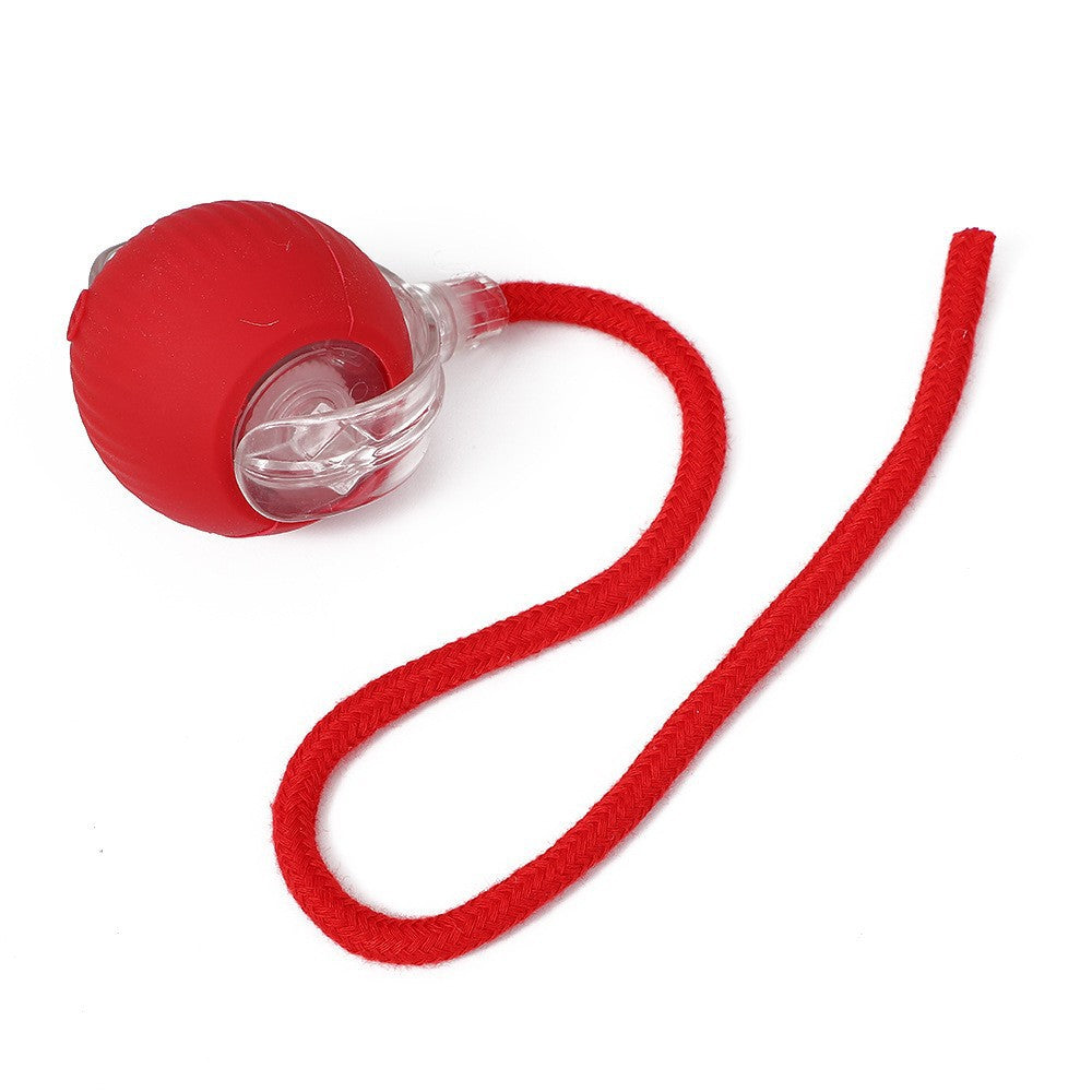 Red silicone rolling cat ball with a clear hub and a long braided red rope laid out on white