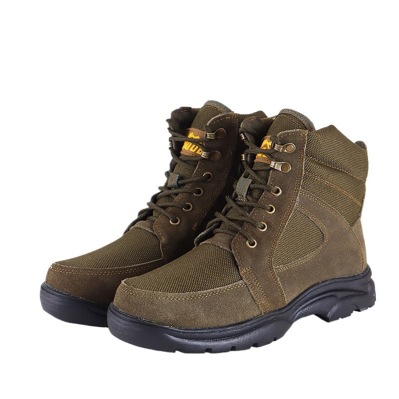 Pair of khaki cow suede high top snow boots front view on a plain white background