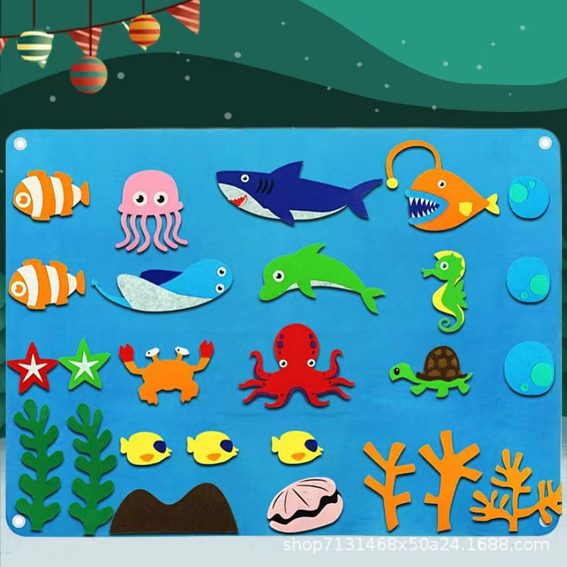 Ocean felt story board with felt fish, octopus, shark and seahorse pieces on blue felt for children
