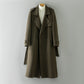 Olive green wool overcoat side view showing the over the knee length