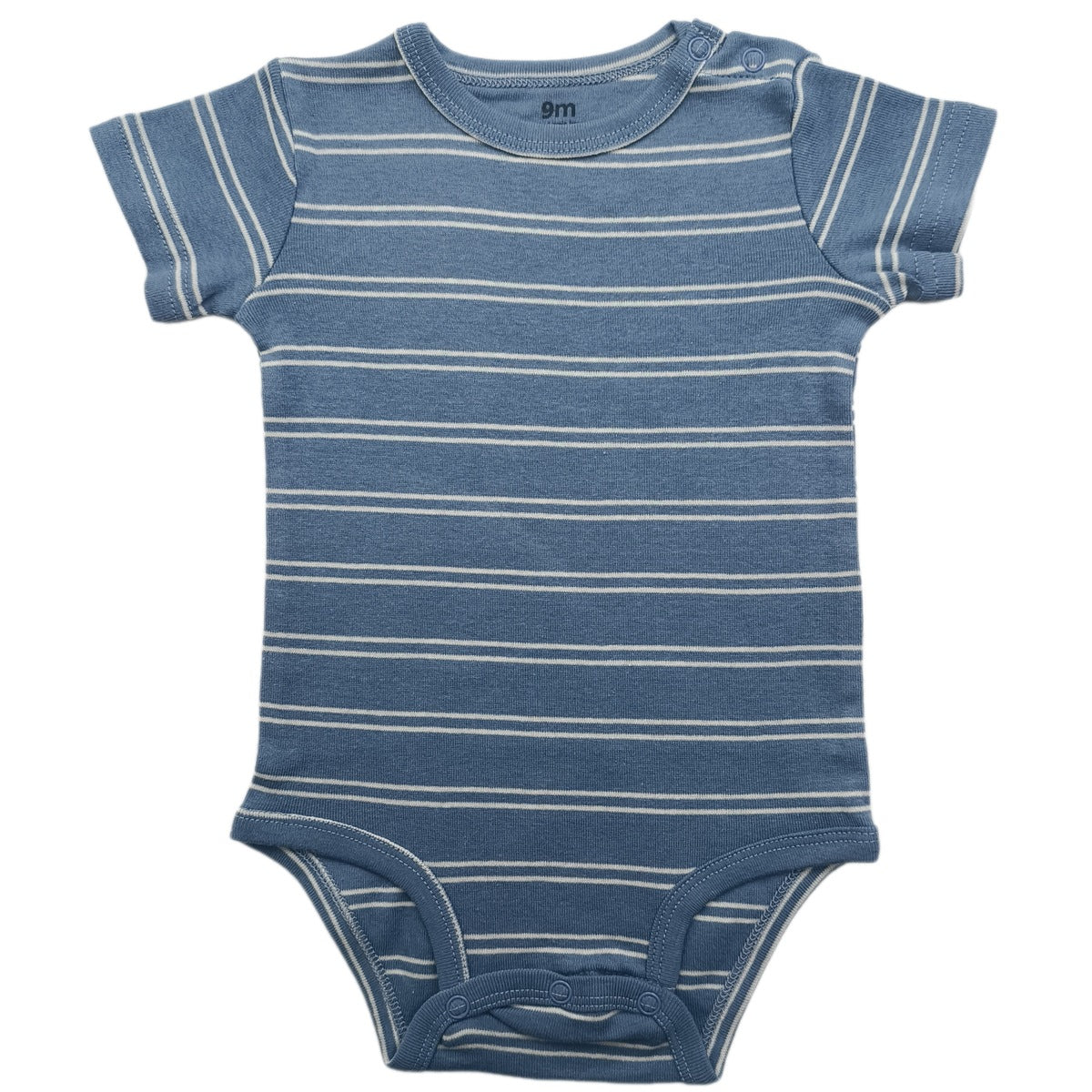 Baby short sleeve cotton bodysuit with a three snap crotch closure shown flat on a plain background