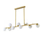 Gold linear pendant light with six milky white glass globe shades at staggered heights on a white background