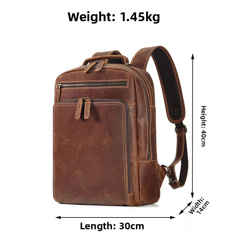 Dark Brown cowhide backpack with front zip pockets, 40 cm high, 30 cm long, 14 cm wide, 1.45 kg