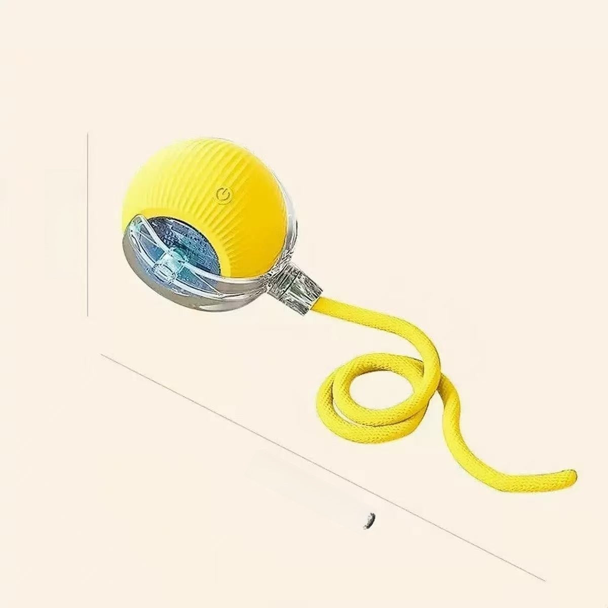 Yellow silicone rolling cat ball with a clear hub and a coiled yellow braided rope tail