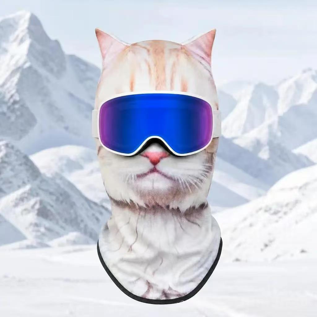 Cream cat print fleece balaclava with pink nose and pointed ears, Animal Winter Mask H option