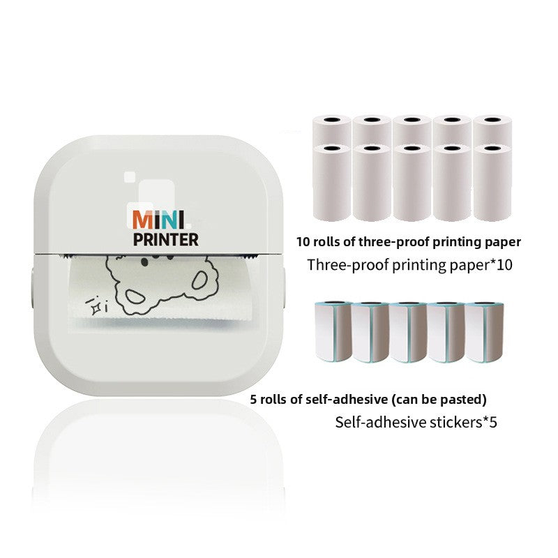 White mini thermal printer with ten paper rolls and five self adhesive label rolls