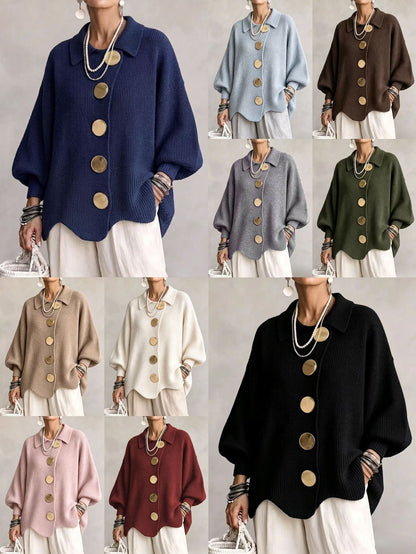 Collage of ten colors of the loose ribbed knit top with large gold tone metal buttons, front views