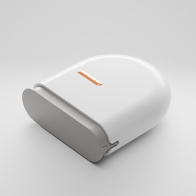 Closed white rounded plastic retainer storage case on a plain background