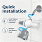 Graphic titled Quick Installation showing the shower filter hand-tightened between the shower arm and the shower head