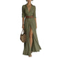Dark green long shirt dress with collar, plunging neckline and brown belt on a plain white background