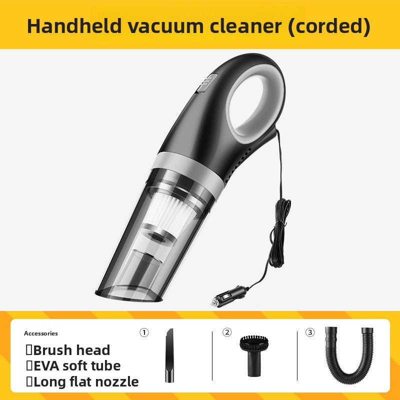 Handheld car vacuum with USB charging cable and nozzle attachments in the set