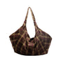 Brown plaid woolen shoulder tote bag shown full with the zip top opening