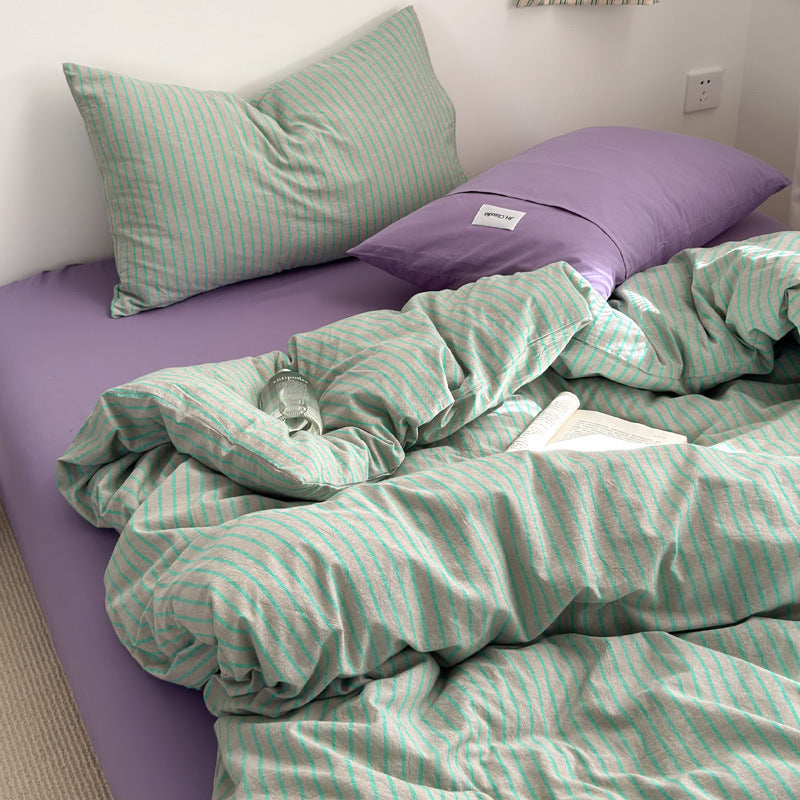 Green striped cotton quilt cover with purple pillowcase and purple sheet, 2.0 m flat sheet set option