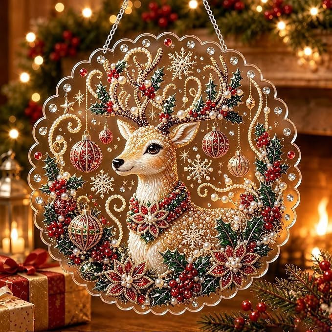 Christmas diamond painting door hanger with beaded owls on a clear round