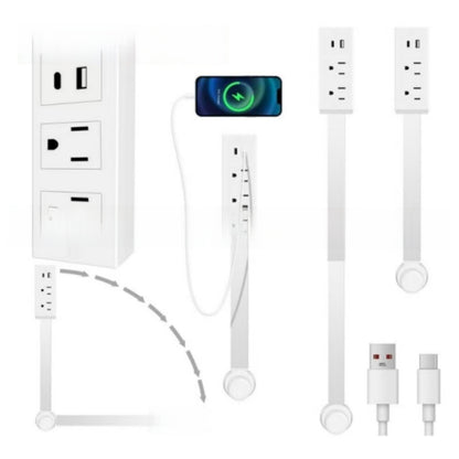 White extendable power socket extender with USB ports shown beside a wall block and a phone charging