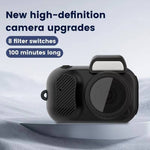 Rounded black mini digital camera with a lens dial and a small flash window