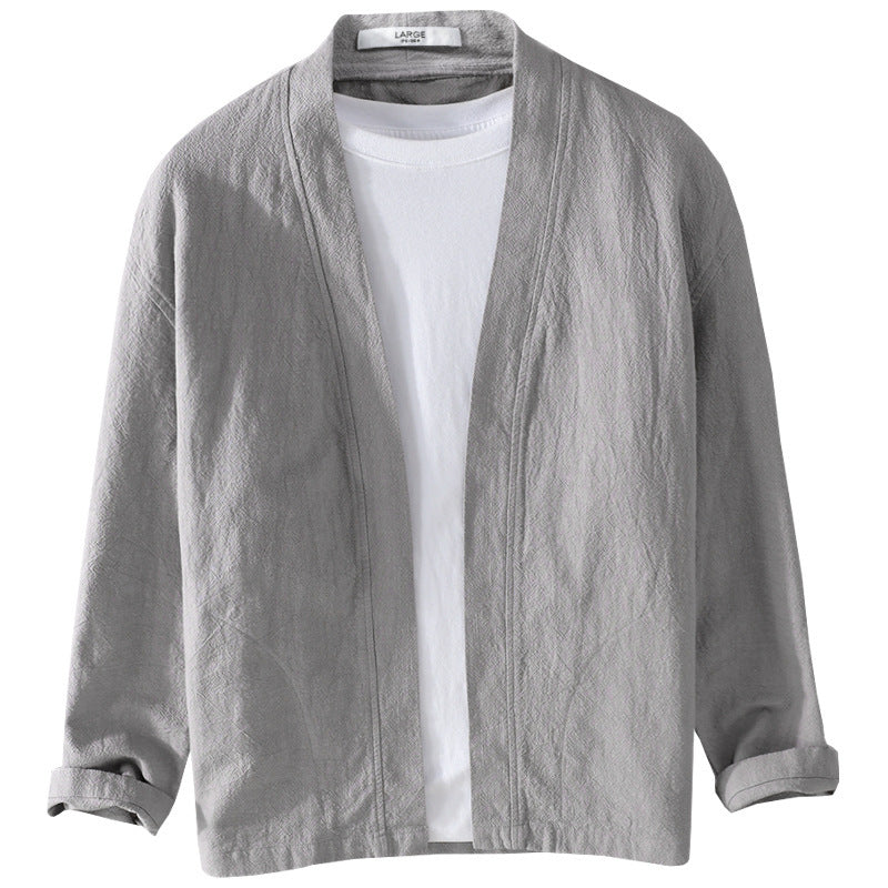 Roll back cuff of the ramie blend open front jacket