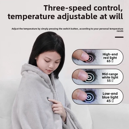 Woman in a gray plush shawl pressing the switch button, with three indicator light levels labeled low, mid and high