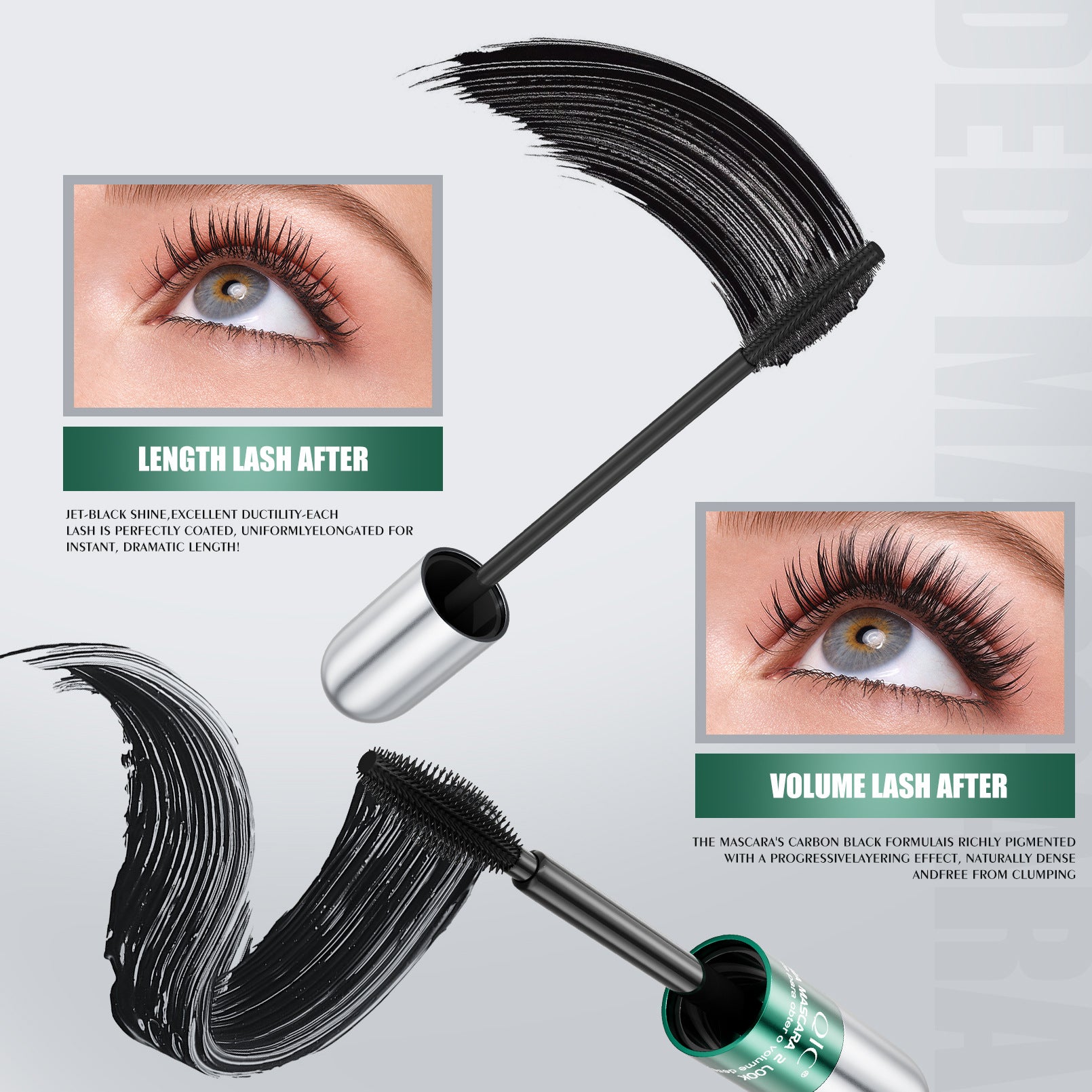 Dual brush black mascara with before and after lash images showing lengthened and fuller looking lashes