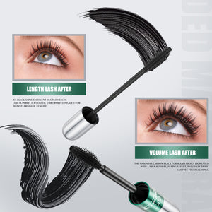 Dual brush black mascara with before and after lash images showing lengthened and fuller looking lashes