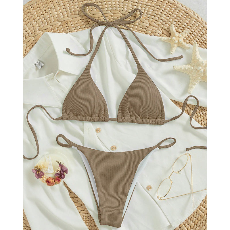 Taupe ribbed halter triangle bikini set with tie side briefs, flat lay, size S variant