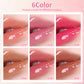 Grid of six lip glaze shades swatched on lips, from sheer pink to rose and nude