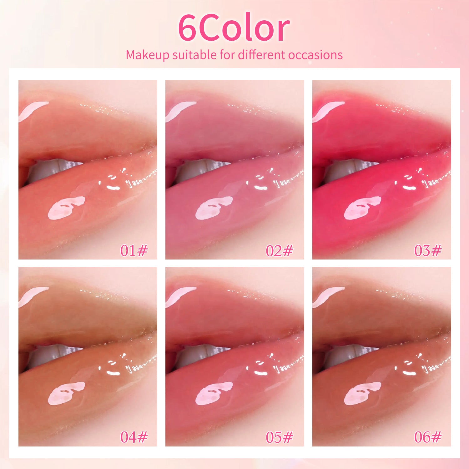 Grid of six lip glaze shades swatched on lips, from sheer pink to rose and nude