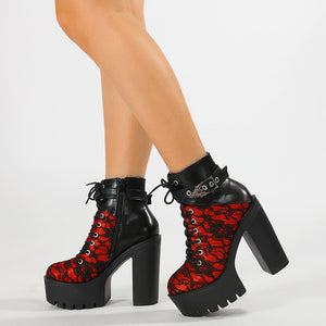 Close view of the floral lace overlay and silver eyelets on a platform ankle boot
