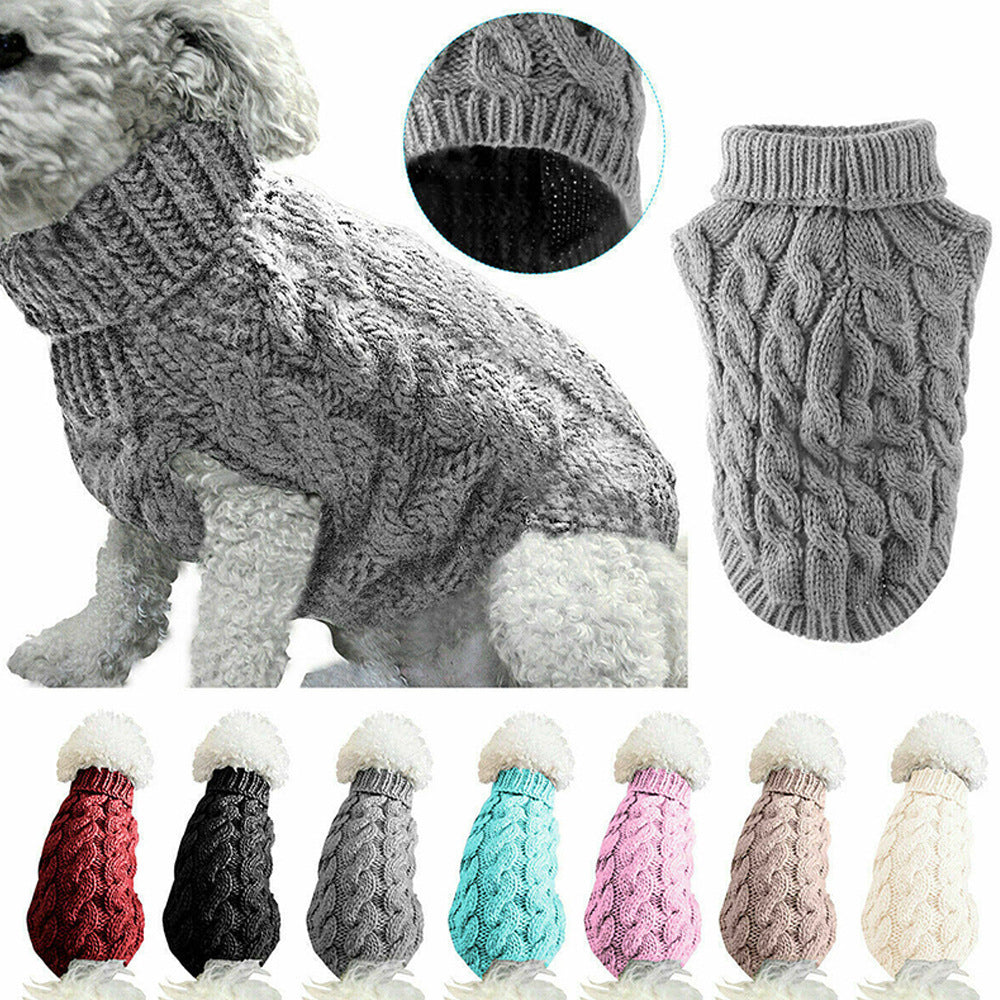 Cable knit polyester dog sweater with a ribbed turtleneck collar shown on a small dog