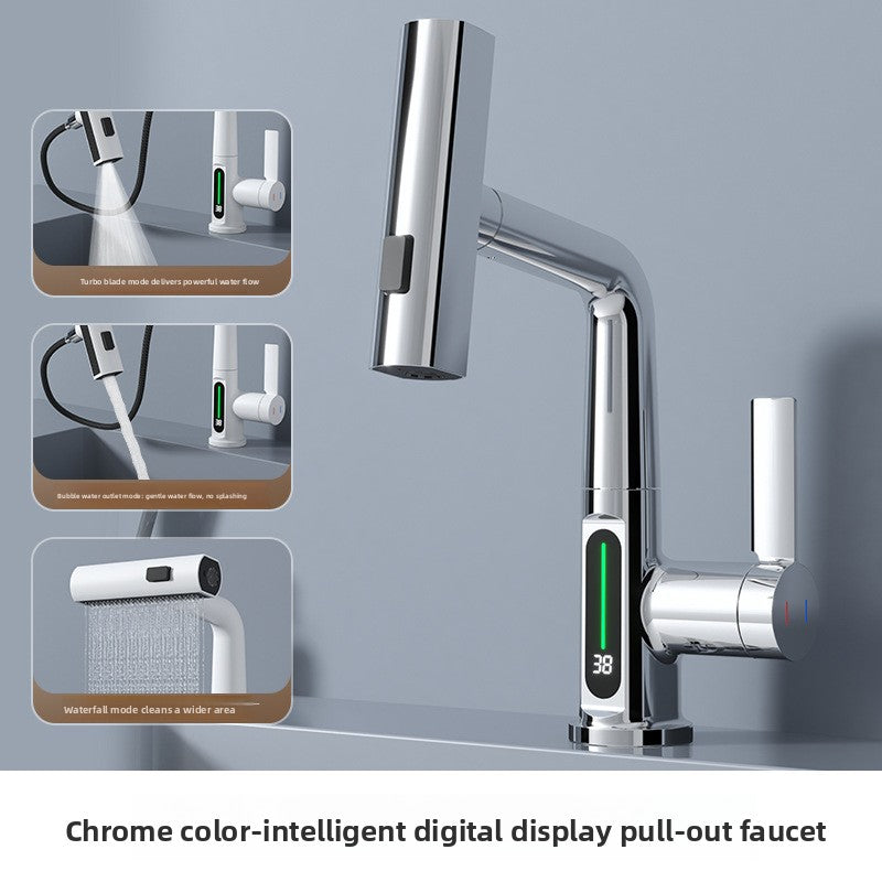 Pull out rotating basin mixer faucet shown from the side on a counter