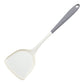 Gray and white silicone turner with a wide flat head and a hanging hole on white
