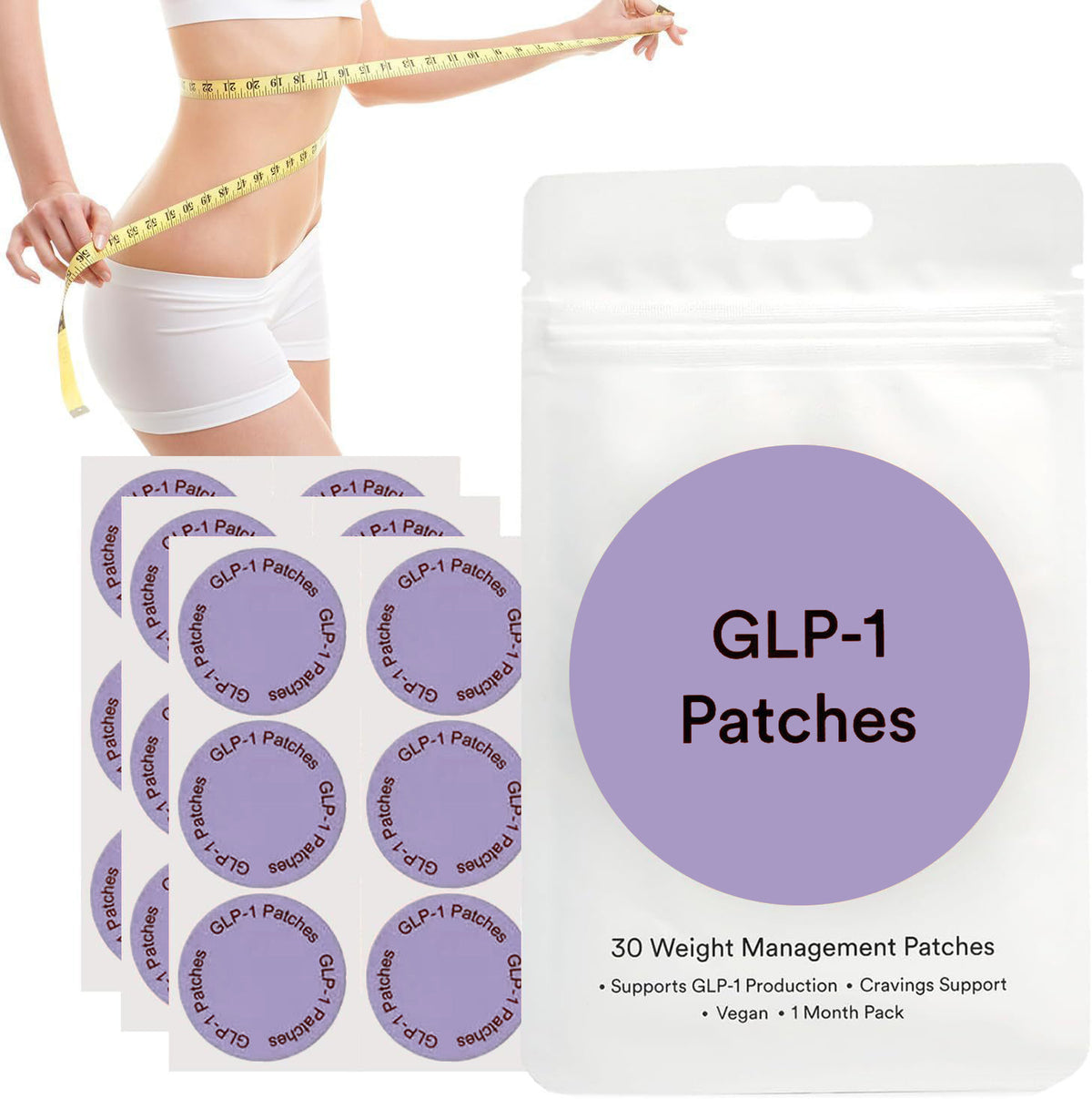Purple GLP-1 patch pouch with three sheets of round adhesive skin patches in a lifestyle photo