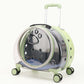 Green rolling pet carrier with a dark bubble window, paw shaped vents, pull rod and four wheels