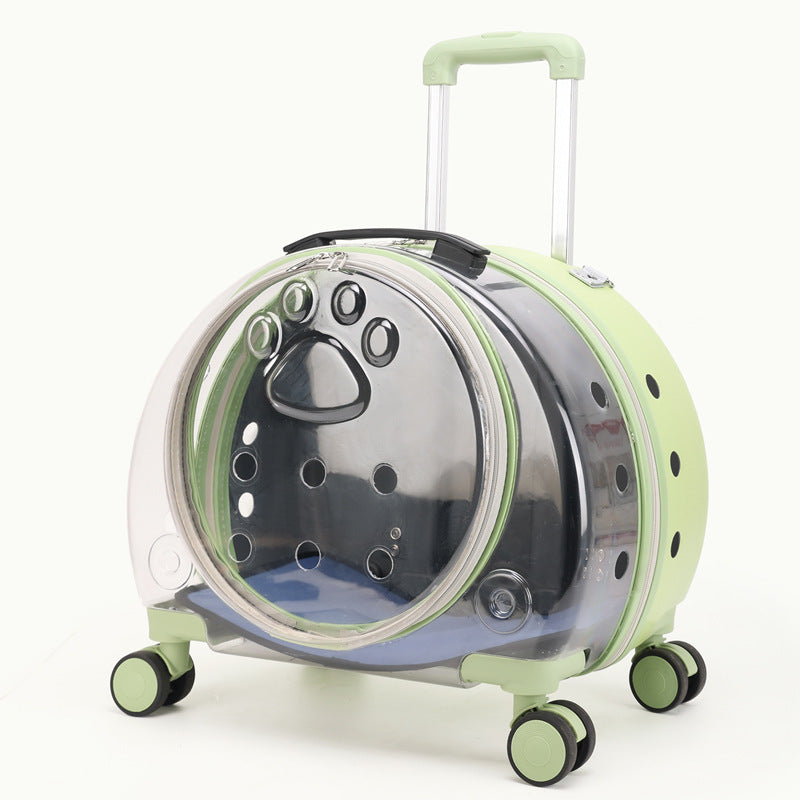 Green rolling pet carrier with a dark bubble window, paw shaped vents, pull rod and four wheels