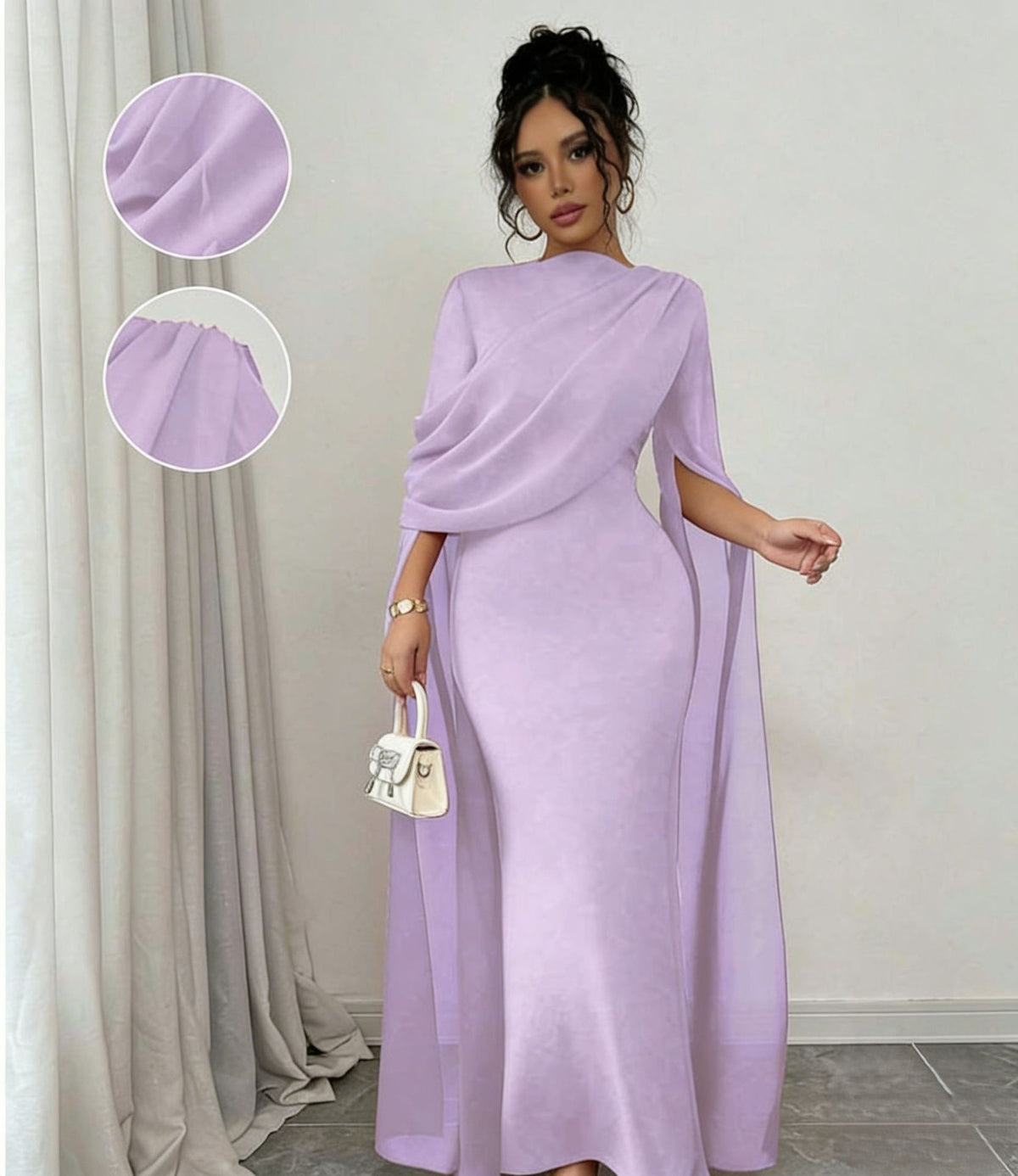 Lilac chiffon cape sleeve long gown with cinched waist and floor length skirt, on model
