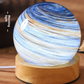 Dawn glass planet night light, pale blue and ochre swirl, label Morning light, printed box, USB powered, tri-color