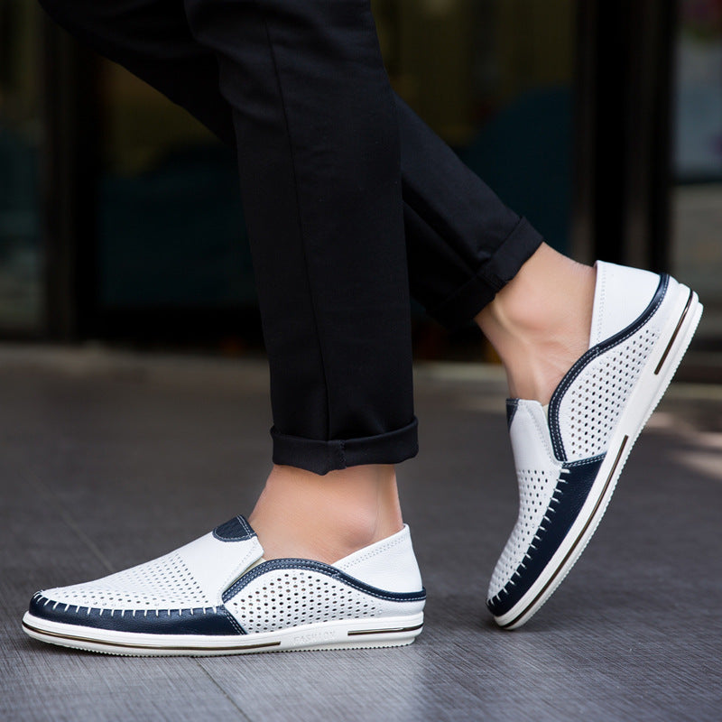 Mens slip on loafer in pebbled leather with a smooth plain upper and contrast trim