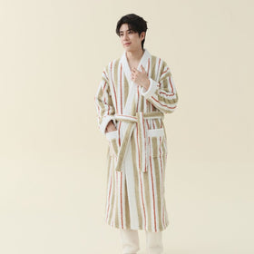 Men's Striped Coral Fleece Kimono Style Bathrobe