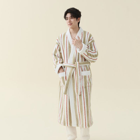 Men's Striped Coral Fleece Kimono Style Bathrobe