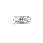 Linked stacked band ring front view with pave stone bands and side loops