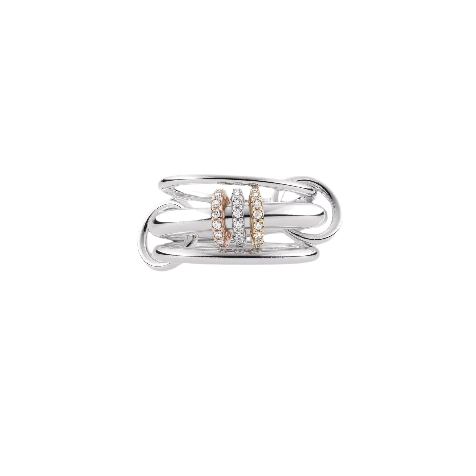 Linked stacked band ring front view with pave stone bands and side loops