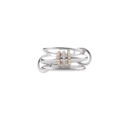 Linked stacked band ring front view with pave stone bands and side loops