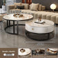 Option 60x80cm photo: round nesting tables, black frame, white cabinet, white stone tops, labeled 70 CM and 50 CM