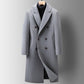 Grey double-breasted long coat with peak lapels and down liner option over a black turtleneck, size 170/M option