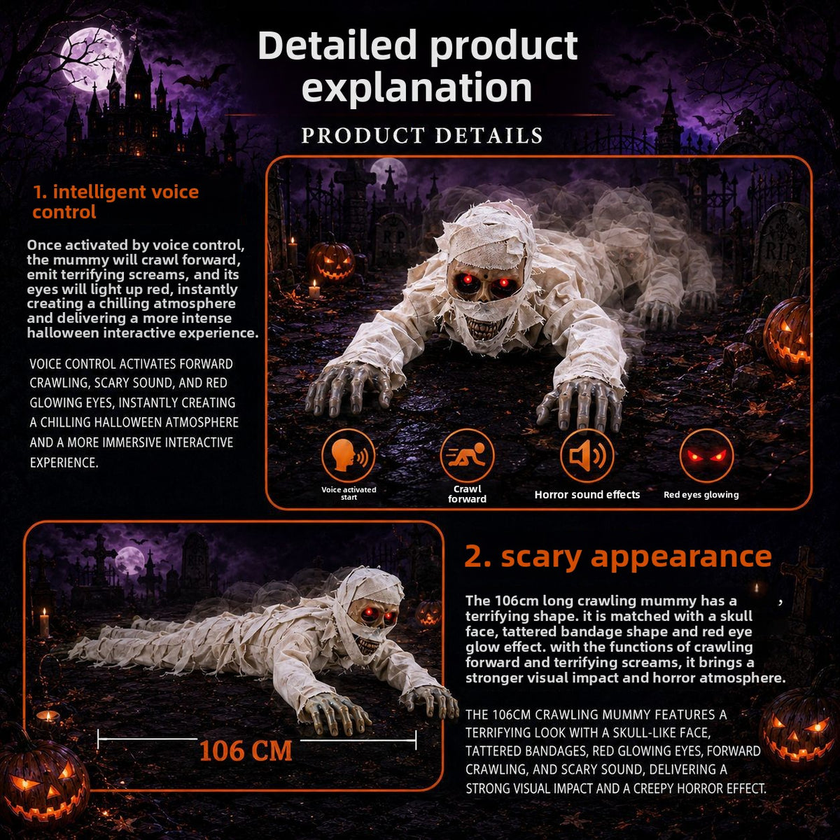 Crawling mummy Halloween decoration detail showing red LED eyes and bandages