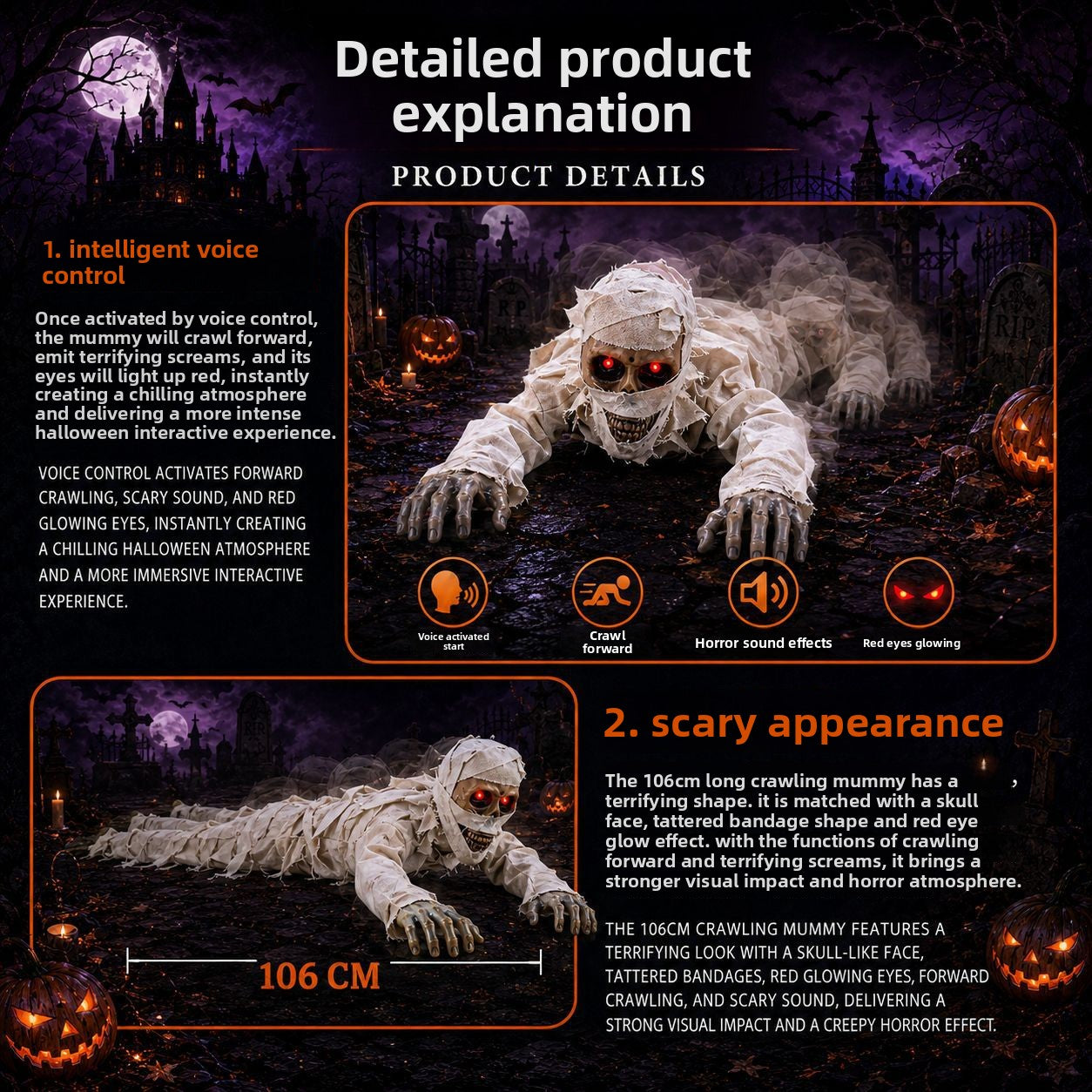 Crawling mummy Halloween decoration detail showing red LED eyes and bandages