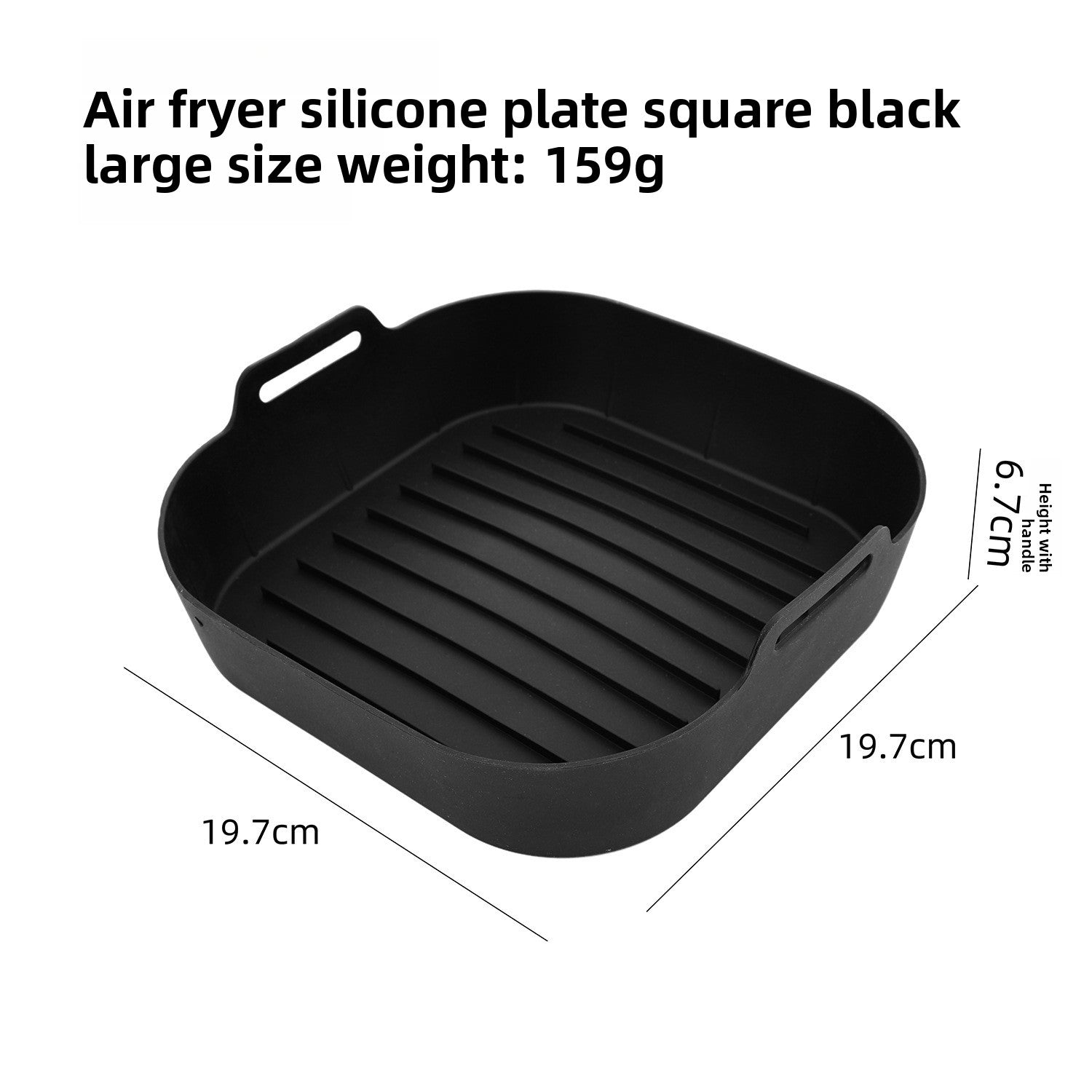 Black large square silicone air fryer liner tray with a ridged base, about 19.7 by 19.7 cm