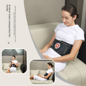 Woman seated on a sofa wearing a black inflatable lumbar support belt around the waist