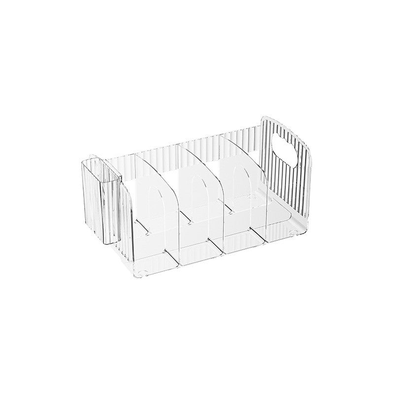 Clear desktop book organizer on a white background, arched dividers, ribbed end panels and a pen holder at the left